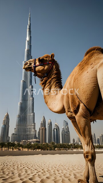 جذب واستقطاب السياح من أنحاء العالم, برج خليفة في مدينة دبي, الأماكن والمعالم السياحية المشهورة في الإمارات العربية المتحدة, الفن الهندسي المعماري للأبراج وناطحات السحاب على الطراز الحديث, صورة مقربة لجمل يقف على الرمال الذهبية الناعمة في الصحراء