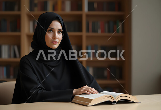 مفهوم الشغف بالقراءة, ممارسة هواية المطالعة, صورة قربة لامرأة عربية خليجية سعودية محجبة ترتدي العباءة السوداء تجلس على الطاولة في المكتبة و تنظر إلى الكاميرا, الكتب و الروايات على الرفوف, أماكن هادئة مريحة للدراسة