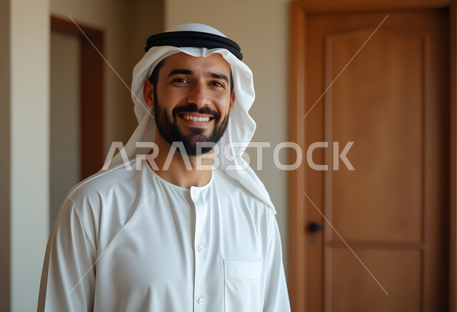 Concern for appearance, concept of elegance and masculinity, close-up of a smiling Saudi Arabian Gulf man wearing traditional thobe and white ghutra looking at the camera with gestures of happiness and pleasure