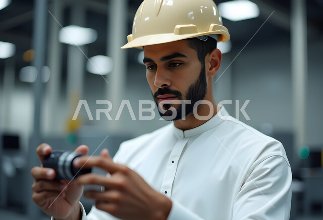 العمل في القطاع الهندسي, متابعة سير الأعمال في المصنع, مهن ووظائف هندسية في المملكة العربية السعودية, صورة مقربة لمهندس عربي سعودي يرتدي الثوب التقليدي وخوذة الحماية يقوم بإصلاح أداة