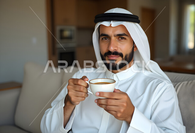 الاستمتاع بالمشروب الساخن, تعديل المزاج بتناول الكافيين, البن الخليجي الفاخر, منتج محلي وطني, صورة مقربة لرجل عربي خليجي سعودي يرتدي الثوب التقليدي والغترة البيضاء يجلس على الأريكة ويمسك فنجان القهوة بيديه, النظر إلى الكاميرا بإيماءات السعادة والسرور