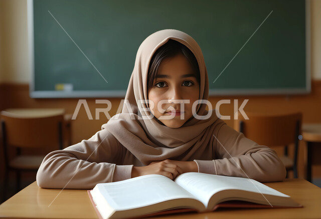موسم العودة إلى المدرسة, مفهوم الاجتهاد والجد في الدراسة, التعليم المدرسي في المملكة العربية السعودية, صورة مقربة لطالبة عربية خليجية سعودية ترتدي الحجاب تجلس على الطاولة داخل الصف وتنظر إلى الكاميرا, مراجعة ومتابعة الدروس اليومية