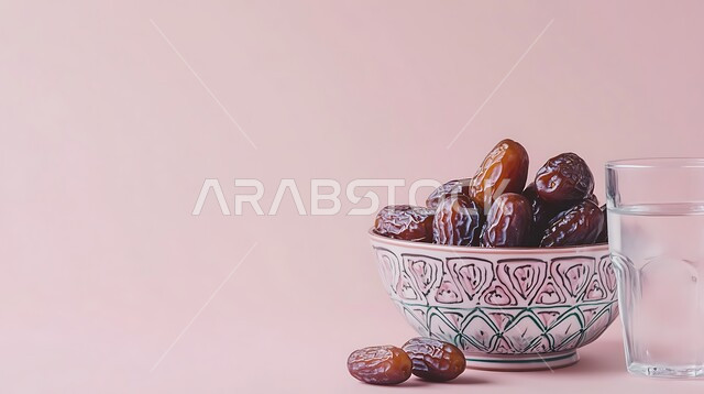 الرطب السكري الخليجي الفاخر, طبق من حبات التمر مع كأس من الماء, حسن الاستقبال والضيافة في المملكة العربية السعودية, وجبة غذائية مفيدة, إفطار الصائم في شهر رمضان, منتج ومحصول محلي وطني سعودي, خلفية وردية
