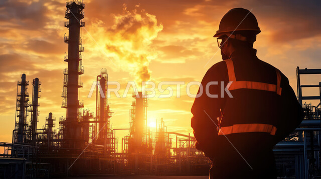 Oil refinery, engineering jobs and professions, factories and plants in Saudi Arabia, working in the engineering sector, a picture from the back of a Saudi Arabian Gulf engineer wearing a protective jacket and helmet standing in front of the factory at sunset