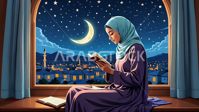 مفهوم العبادة والتقرب إلى الله تعالى, الالتزام بالورد اليومي, التمعن والتفكر بآيات القرآن الكريم, تلاوة السور والأذكار, رسم توضيحي ثلاثي الأبعاد لشابة عربية خليجية سعودية محجبة ترتدي عباءة ملونة تمسك بيديها المصحف الشريف, منظر الهلال المضيء في السماء