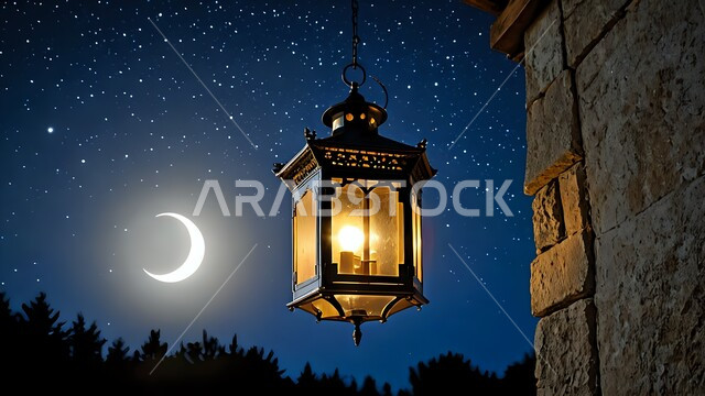 فانوس معدني مزخرف معلق مضيء, مصباح عربي تقليدي, الأجواء الرمضانية الروحانية في المملكة العربية السعودية, الاحتفال بالمناسبات الدينية الإسلامية, البهجة بقدوم رمضان المبارك, زينة واكسسوار شهر الخير, منظر الهلال في السماء