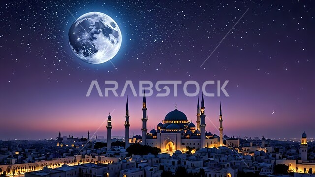 مسجد مضيء في الليل, التصميم المتميز للقبب والمآذن, مفهوم العبادة والتقرب إلى الله تعالى, منظر القمر في السماء, نداء المسلمين لأداء فريضة الصلاة, الفن الهندسي المعماري للمساجد على الطراز العربي الإسلامي