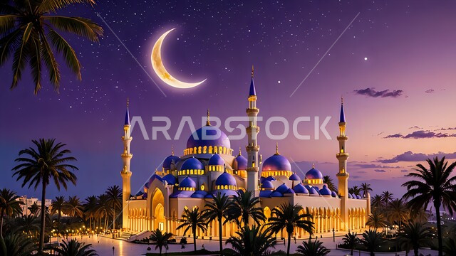 الفن الهندسي المعماري للمساجد على الطراز العربي الإسلامي, مسجد مضيء في الليل, التصميم المتميز للقبب والمآذن, مفهوم العبادة والتقرب إلى الله تعالى, منظر القمر في السماء, نداء المسلمين لأداء فريضة الصلاة