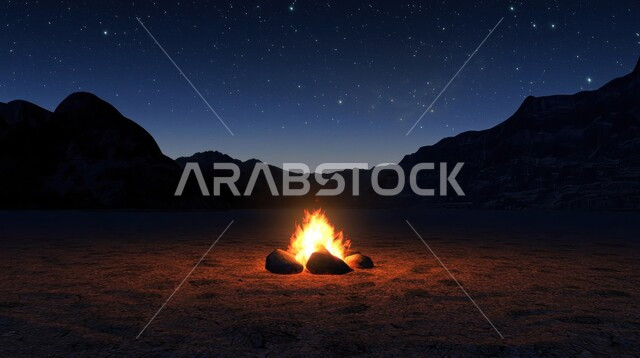 النيران المشتعلة على الرمال الذهبية الناعمة، شعلة الحطب وسط الصحراء، المناطق الصحراوية في المملكة العربية السعودية، الاستمتاع بالجو الليلي الشتوي الهادئ، جلسة بر عربية شعبية في الصحاري في الليل