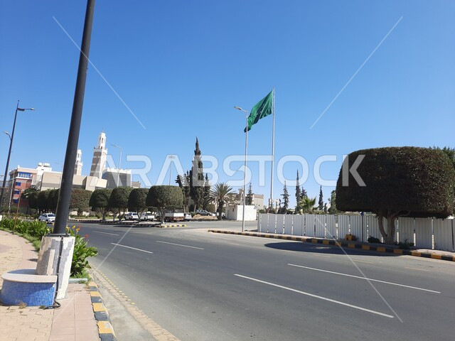 علم المملكة العربية السعودية يرفرف في السماء, الاحتفال باليوم الوطني السعودي 23 سبتمبر, الأعياد والمناسبات الوطنية, يوم العلم السعودي 11 مارس, المعالم السياحية المشهورة, شارع الفنون في أبها بمنطقة عسير في النهار