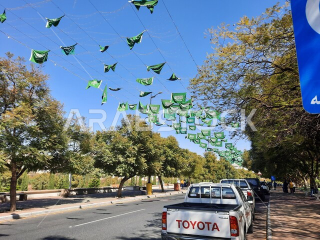 الاحتفال باليوم الوطني السعودي 23 سبتمبر, الأعياد والمناسبات الوطنية, يوم العلم السعودي 11 مارس, علم المملكة العربية السعودية يرفرف في السماء, المعالم السياحية المشهورة, شارع الفنون في أبها بمنطقة عسير في النهار