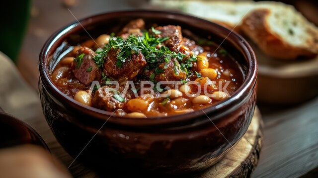 وجبة غذائية صحية مغذية, فن تقديم الطعام في مطاعم ومطابخ المملكة العربية السعودية, الأكل العربي الشرقي اللذيذ, وصفة تقليدية شعبية شهية, وعاء من مرق الفاصوليا مع اللحم بالصلصة الحمراء المزين بالبقدونس