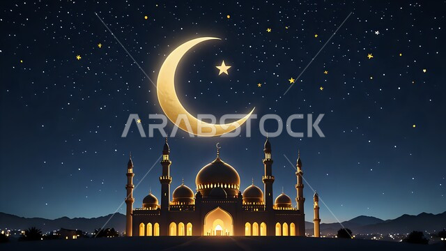 الفن الهندسي المعماري لبناء المساجد على الطراز العربي الإسلامي, التصميم المميز للقبب والمآذن, مفهوم العبادة والتقرب إلى الله تعالى, نداء المسلمين لأداء فريضة الصلاة, مسجد مضيء في الليل, منظر الهلال في السماء