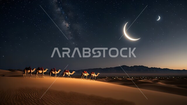 محمية طبيعية لتربية الجمال في المناطق الصحراوية, التشكيلات والتكوينات والكثبان الرملية, الاهتمام بالابل في صحاري المملكة العربية السعودية, قافلة تسير على الرمال الذهبية الناعمة في الصحراء, منظر الهلال في السماء في الليل