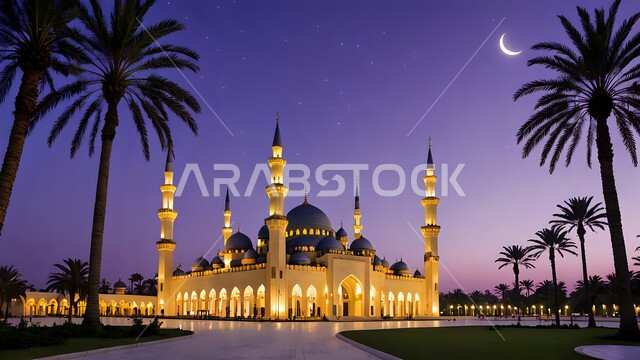 مسجد مضيء في الليل, الفن الهندسي المعماري لبناء المساجد على الطراز العربي الإسلامي, التصميم المميز للقبب والمآذن, مفهوم العبادة والتقرب إلى الله تعالى, نداء المسلمين لأداء فريضة الصلاة, منظر الهلال في السماء