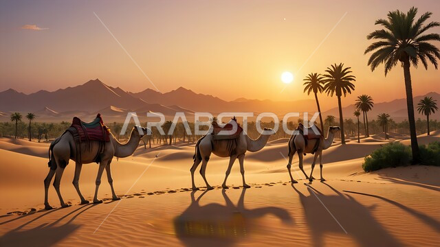 محمية طبيعية لتربية الجمال في المناطق الصحراوية, التشكيلات والتكوينات والكثبان الرملية, الاهتمام بالابل في صحاري المملكة العربية السعودية, قافلة تسير على الرمال الذهبية الناعمة في الصحراء في وقت غروب الشمس