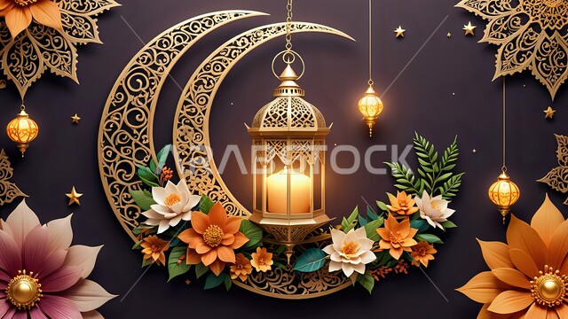 Decorative illuminated metal lantern with crescent moon and colorful flowers, spiritual Ramadan atmosphere in Saudi Arabia, celebration of Islamic religious occasions, joy of the coming of the holy month of Ramadan, decoration and accessories of the month of goodness, traditional Arabic lamp, gray background