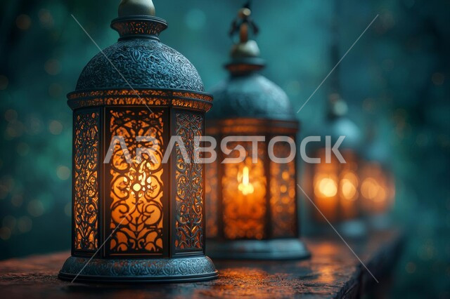 Joy of the coming of the blessed month of Ramadan, decorations and accessories for the month of goodness, hanging decorative illuminated metal lanterns, traditional Arabic lamp, spiritual Ramadan atmosphere in the Kingdom of Saudi Arabia, celebration of Islamic religious occasions