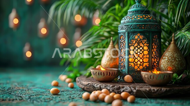 ضيافة رمضانية تقليدية, الاحتفال بالمناسبات الدينية الإسلامية, البهجة بقدوم رمضان المبارك, زينة واكسسوار شهر الخير, فانوس معدني مزخرف مضيء بجانب حبات من التمر السعودي، الرطب الخليجي الفاخر, منتج محلي وطني