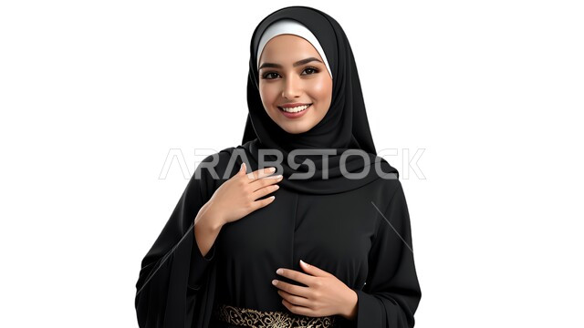 مفهوم الأنوثة والنعومة، الاهتمام بالأناقة والمظهر الخارجي, أزياء محجبات عصرية حديثة, بورتريه مقرب لامرأة عربية خليجية سعودية مبتسمة محجبة ترتدي العباءة السوداء تنظر إلى الكاميرا بإيماءات السعادة والسرور, خلفية بيضاء