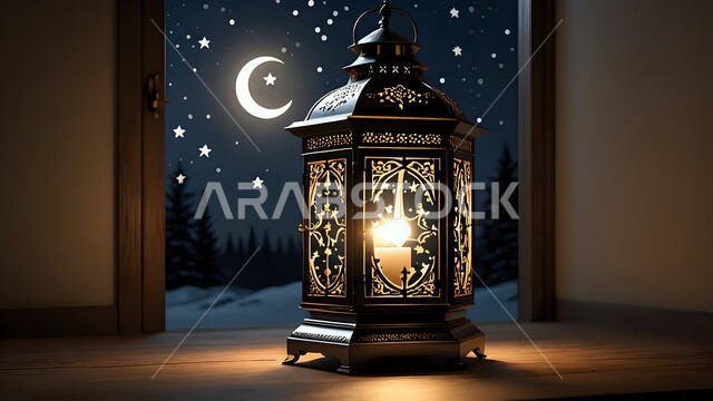 فانوس معدني مزخرف مضيء, مصباح عربي تقليدي, الأجواء الرمضانية الروحانية في المملكة العربية السعودية, الاحتفال بالمناسبات الدينية الإسلامية, البهجة بقدوم رمضان المبارك, زينة واكسسوار شهر الخير, منظر الهلال والنجوم في السماء