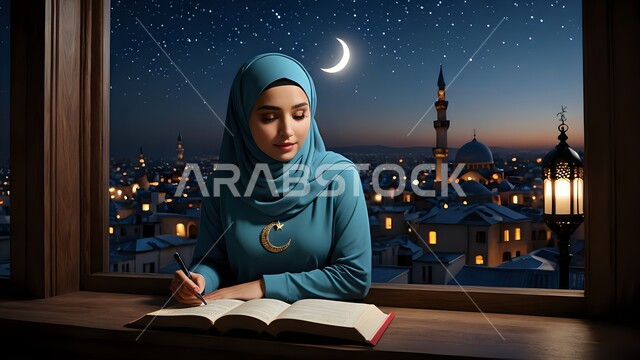 إنجاز المهام وحل الواجبات اليومية, قضاء الوقت بالقراءة والتعلم والثقف, كتابة وتدوين الملاحظات, صورة مقربة لشابة عربية خليجية سعودية محجبة ترتدي عباءة زرقاء تجلس على الطاولة وتقوم بمراجعة الدروس, خلفية القمر والنجوم في السماء