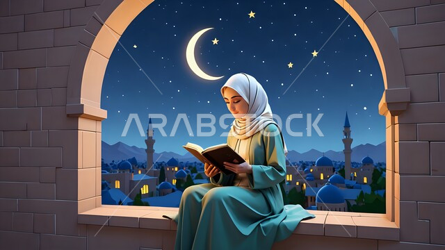 الشغف بممارسة هواية المطالعة, قضاء الوقت بالتعلم والثقف, الاستمتاع بقراءة الكتب والروايات, شابة عربية خليجية سعودية محجبة ترتدي عباءة زرقاء تمسك بيديها كتاب, خلفية القمر والنجوم في السماء
