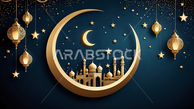 Celebrating the advent of the holy month of Ramadan, architectural art of mosques, spiritual Ramadan atmosphere in the Kingdom of Saudi Arabia, Islamic religious occasions, decorations and accessories of the month of goodness, hanging illuminated decorative metal lanterns, blue background
