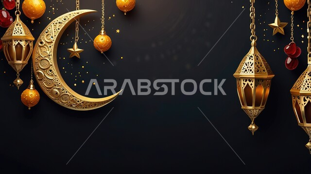 الاحتفال بالمناسبات الدينية الإسلامية, البهجة بقدوم رمضان المبارك, زينة واكسسوار شهر الخير, فوانيس معدنية مزخرفة معلقة مع الهلال, مصباح عربي تقليدي, الأجواء الرمضانية الروحانية في المملكة العربية السعودية, خلفية رمادية