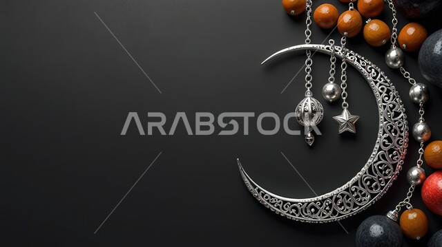 Decorations and accessories of the month of goodness, decorative metal crescent, spiritual Ramadan atmosphere in the Kingdom of Saudi Arabia, celebration of Islamic religious occasions, joy of the arrival of the blessed Ramadan, gray background