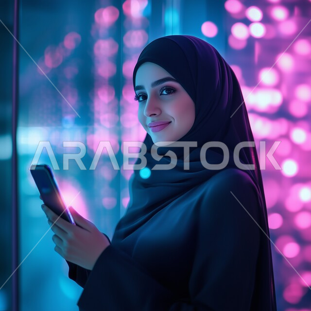 استخدام جهاز تقني حديث ومتطور في الحياة اليومية, تصفح وسائل التواصل الاجتماعي, الدردشة مع العائلة والأصدقاء, صورة مقربة لشابة عربية خليجية سعودية مبتسمة محجبة ترتدي العباءة السوداء تقوم باستعمال الهاتف المحمول