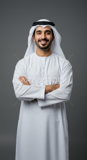 تعابير الثقة والاعتزاز بالنفس, مفهوم الأناقة والرجولة, الاهتمام بالمظهر الخارجي, بورتريه لشاب عربي خليجي إماراتي مبتسم يرتدي الكندورة والغترة البيضاء ينظر إلى الكاميرا بإيماءات السعادة والسرور, الوقوف باستقامة وأيدي متقاطعة, خلفية رمادية