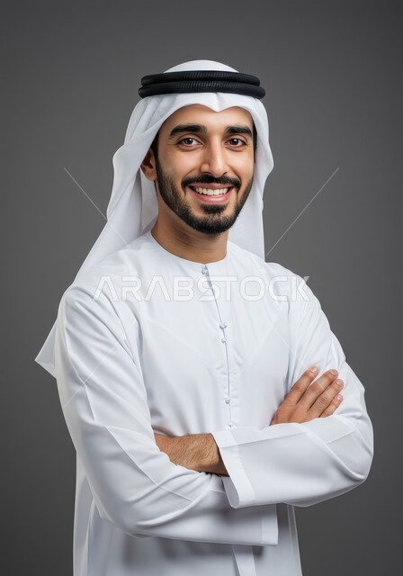 الاهتمام بالمظهر الخارجي, تعابير الثقة والاعتزاز بالنفس, مفهوم الأناقة والرجولة, بورتريه مقرب لشاب عربي خليجي إماراتي مبتسم يرتدي الكندورة والغترة البيضاء ينظر إلى الكاميرا بإيماءات السعادة والسرور, الوقوف باستقامة وأيدي متقاطعة, خلفية رمادية