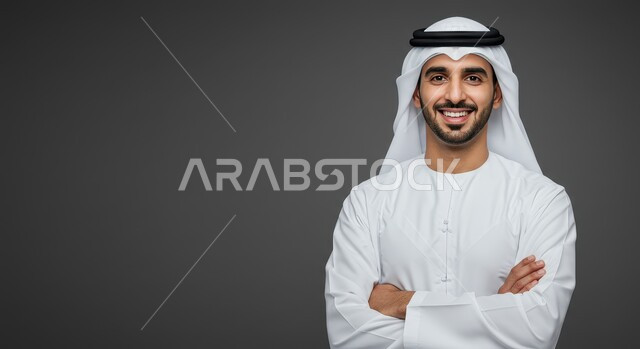 The concept of elegance and masculinity, interest in external appearance, expressions of confidence and self-esteem, close-up portrait of a smiling young Arab Gulf Emirati man wearing a white kandura and ghutra, looking at the camera with gestures of happiness and pleasure, standing straight with crossed hands, gray background