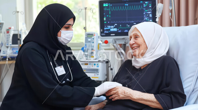 خدمات الرعاية الصحية للعجزة, تقديم الدعم المعنوي لكبار السن, العمل في القطاع الصحي, صورة مقربة لممرضة عربية خليجية سعودية محجبة ترتدي العباءة السوداء تضع الكمامة تقوم بالعناية بامرأة مسنة مبتسمة