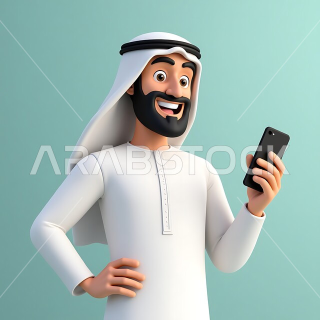 الدردشة مع الأصدقاء والعائلة, تصفح وسائل التواصل الاجتماعي, استخدام جهاز تقني حديث ومتطور, رسوم كرتونية توضيحية ثلاثية الابعاد لشاب عربي خليجي إماراتي مبتسم يرتدي الكندورة والغترة البيضاء يمسك بيده الهاتف المحمول, خلفية زرقاء