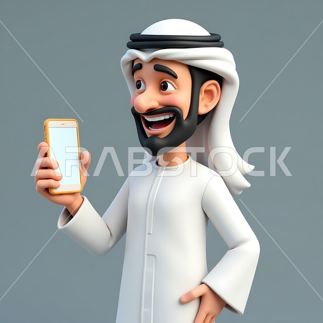تصفح وسائل التواصل الاجتماعي, الدردشة مع الأصدقاء والعائلة, استخدام جهاز تقني حديث ومتطور, رسوم كرتونية توضيحية ثلاثية الابعاد لشاب عربي خليجي إماراتي مبتسم يرتدي الكندورة والغترة البيضاء يمسك بيده الهاتف المحمول, خلفية رمادية