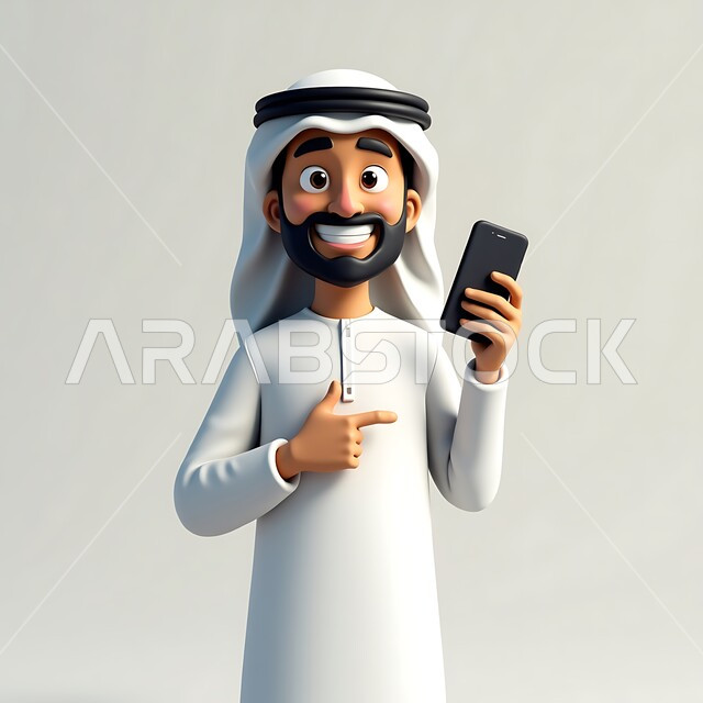 استخدام جهاز تقني حديث ومتطور, تصفح وسائل التواصل الاجتماعي, الدردشة مع الأصدقاء والعائلة, رسوم كرتونية توضيحية ثلاثية الابعاد لشاب عربي خليجي إماراتي مبتسم يرتدي الكندورة والغترة البيضاء يمسك بيده الهاتف المحمول ويشير إليه بإصبع السبابة, خلفية رمادية