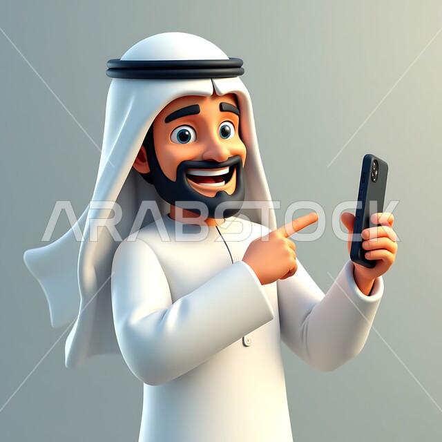 تصفح وسائل التواصل الاجتماعي, الدردشة مع الأصدقاء والعائلة, استخدام جهاز تقني حديث ومتطور, رسوم كرتونية توضيحية ثلاثية الابعاد لشاب عربي خليجي إماراتي مبتسم يرتدي الكندورة والغترة البيضاء يمسك بيده الهاتف المحمول ويشير إليه بإصبع السبابة, خلفية رمادية