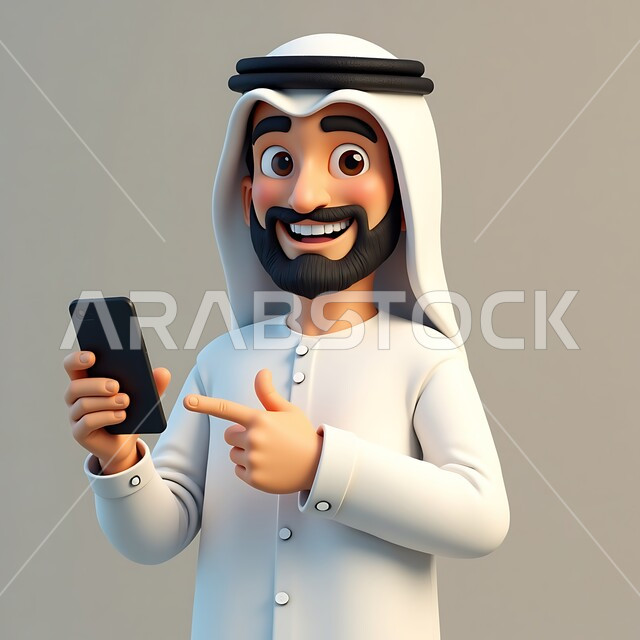 استخدام جهاز تقني حديث ومتطور, تصفح وسائل التواصل الاجتماعي, الدردشة مع الأصدقاء والعائلة, رسوم كرتونية توضيحية ثلاثية الابعاد لشاب عربي خليجي إماراتي مبتسم يرتدي الكندورة والغترة البيضاء يمسك بيده الهاتف المحمول ويشير إليه بإصبع السبابة, خلفية رمادية