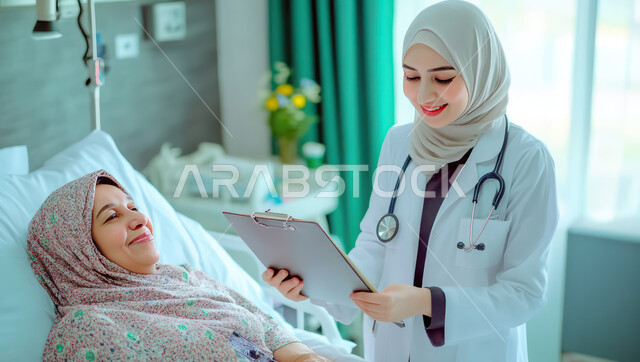 خدمة الرعاية الصحية للعجزة, تقديم الدعم المعنوي لكبار السن, العمل في القطاع الصحي, صورة مقربة لطبيبة عربية خليجية سعودية محجبة ترتدي الزي الخاص بالمهنة تمسك بيدها ملفات المرضى تقوم بالعناية بامرأة مسنة مبتسمة، تدوين المعلومات العامة عن حالة المريض