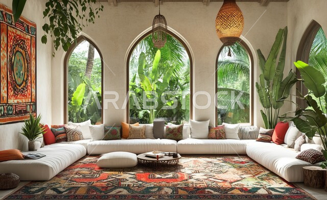 Comfortable furnishings with colorful pillows and embroidered textiles, a residential apartment with glass facades overlooking the green garden, elegant interior decoration of traditional councils, simple furniture and decorations, distinctive design of the living room that combines modernity and antiquity
