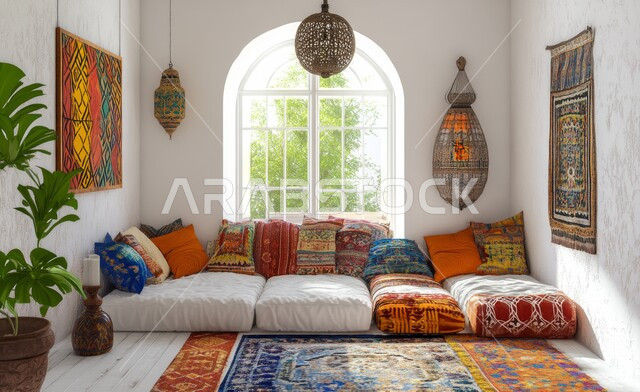 التصميم المميز لغرفة المعيشة الممزوج بين الحداثة والعراقة، الأثاث الشعبي والزينة البسيطة، اعتماد المفروشات المريحة ذات الوسائد الملونة والمنسوجات المطرزة، شقة سكنية بواجهات زجاجية مطلة على الحديقة الخارجية، الديكور الداخلي الأنيق للمجالس التقليدية
