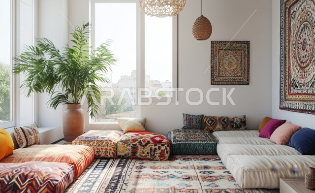 التصميم المميز لغرفة المعيشة الممزوج بين الحداثة والعراقة، الأثاث الشعبي والزينة البسيطة، اعتماد المفروشات المريحة ذات الوسائد الملونة والمنسوجات المطرزة، شقة سكنية بواجهات زجاجية مطلة على الحديقة الخارجية، الديكور الداخلي الأنيق للمجالس التقليدية