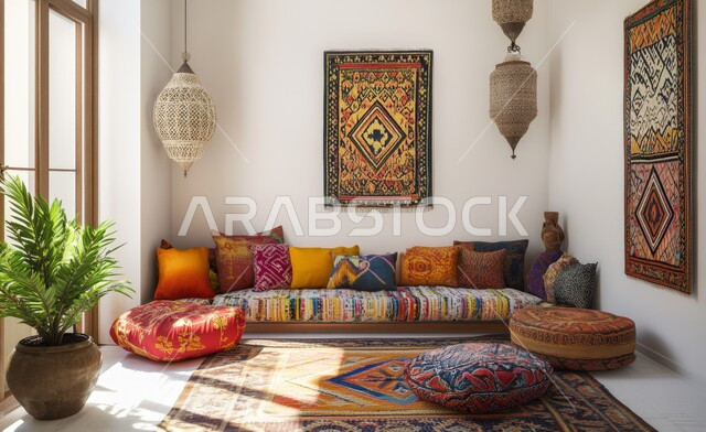 التصميم المميز لغرفة المعيشة الممزوج بين الحداثة والعراقة، الأثاث الشعبي والزينة البسيطة، اعتماد المفروشات المريحة ذات الوسائد الملونة والمنسوجات المطرزة، شقة سكنية بواجهات زجاجية مطلة على الحديقة الخارجية، الديكور الداخلي الأنيق للمجالس التقليدية