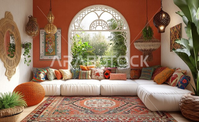 غرفة معيشة بنوافذ زجاجية مطلة على الحديقة الخضراء، الديكور الداخلي الأنيق للمجالس التقليدية، اعتماد المفروشات المريحة ذات الوسائد الملونة والمنسوجات المطرزة، الأثاث والزينة البسيطة، التصميم المميز الممزوج بين الحداثة والعراقة للشقق السكنية 