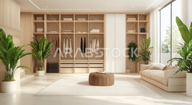 الديكور الداخلي الحديث لغرفة الملابس، التصميمات الداخلية العصرية لحجرة الثياب في شقة ضمن مجمع سكني جديد، الأثاث الخشبي الفاخر بتصميم هندسي، الاهتمام بالإضاءة والاكسسوارات والزينة، المفروشات الأنيقة البسيطة