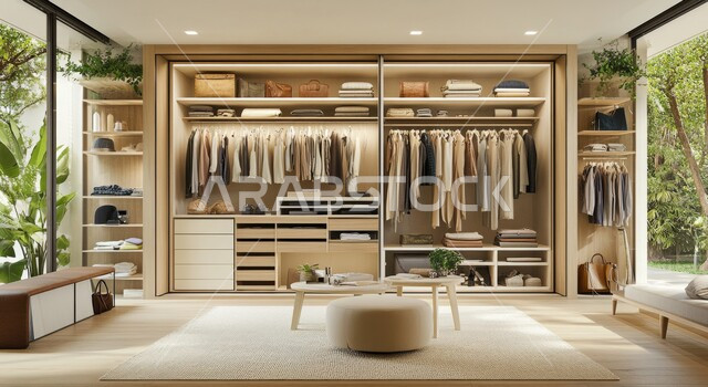 التصميم الداخلي العصري لحجرة الثياب في شقة ضمن مجمع سكني جديد، ديكورات داخلية حديثة لغرفة الملابس، الأثاث الخشبي الفاخر بتصاميم هندسية، الاهتمام بالإضاءة والاكسسوارات والزينة، المفروشات الأنيقة البسيطة