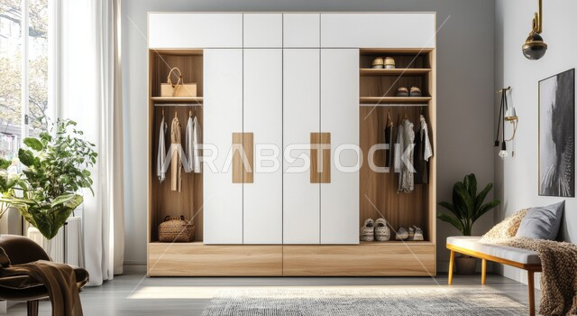 التصميم الداخلي العصري لحجرة الثياب في شقة ضمن مجمع سكني جديد، ديكورات داخلية حديثة لغرفة الملابس، الأثاث الخشبي الفاخر بتصاميم هندسية، الاهتمام بالإضاءة والاكسسوارات والزينة، المفروشات الأنيقة البسيطة