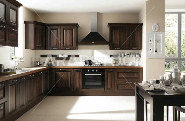 استخدام الطراز الفني الراقي في الأثاث المنزلي، فنون الهندسة المعمارية المتميزة الحديثة، تصميم فاخر باللون البني الداكن للأخشاب وطاولة الطعام، مطبخ بديكور داخلي عصري، شقق وفلل سكنية في السعودية